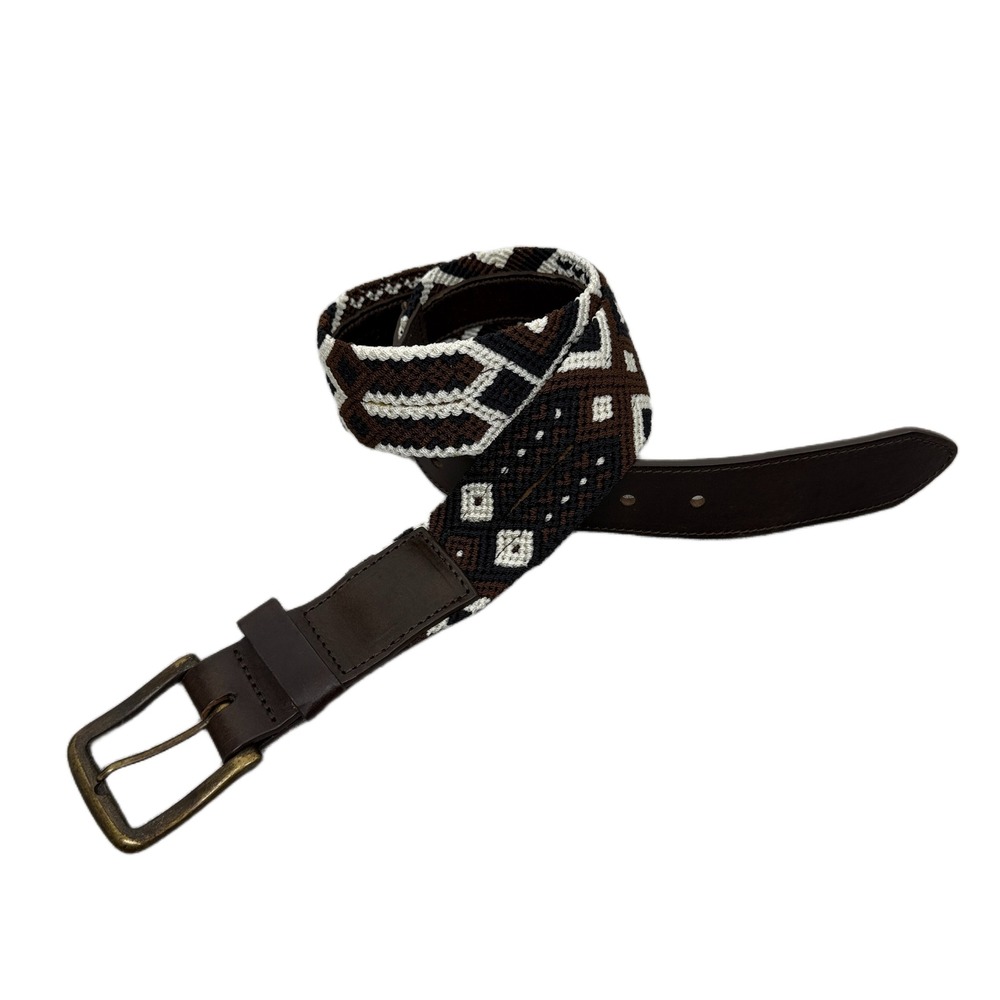 Eclectic Array Belt Womens Small Brown White Geometric Woven Leather Trim Brass